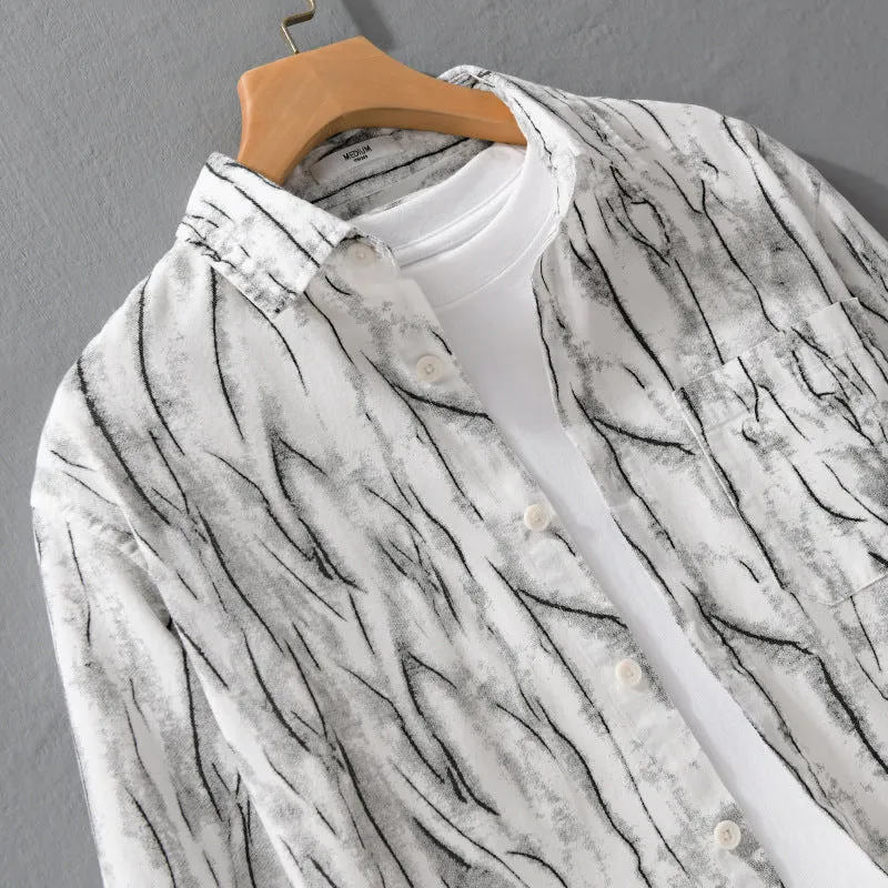 Herren Elegant-entspanntes Leinenmix-Hemd mit künstlerischem Pinselstrich-Print und Brusttasche Drune