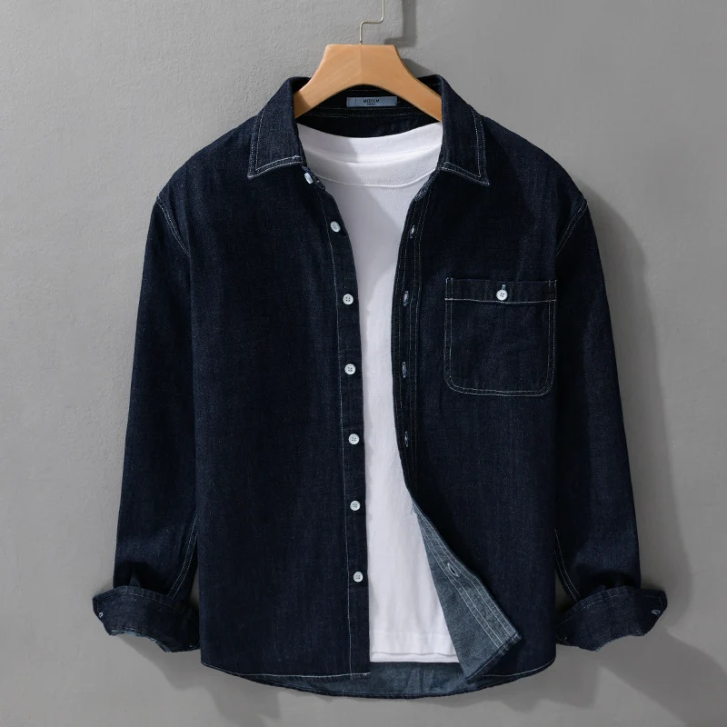 Herren Denim-Überhemd aus Baumwoll-Twill mit Brusttasche und Kontrastnähten Drune