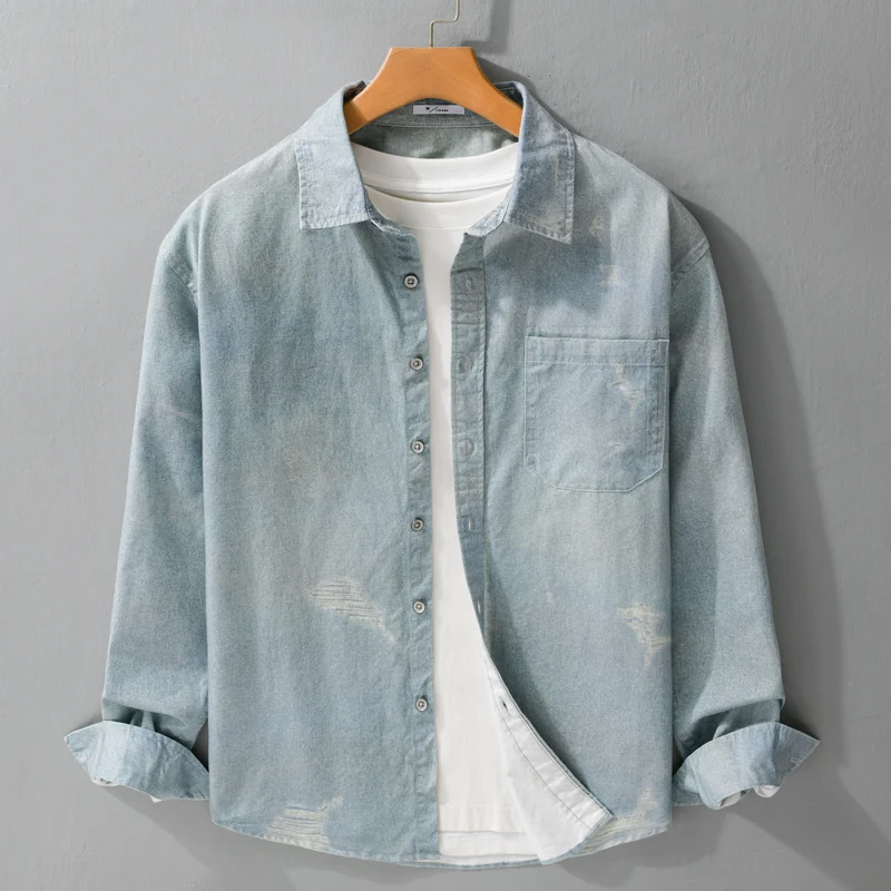 Herren Denim-Overshirt mit Used‑Effekt und Brusttasche Drune