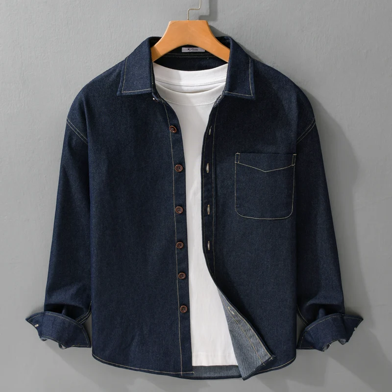 Herren Denim-Overshirt mit aufgesetzter Brusttasche und Kontrastnähten Drune