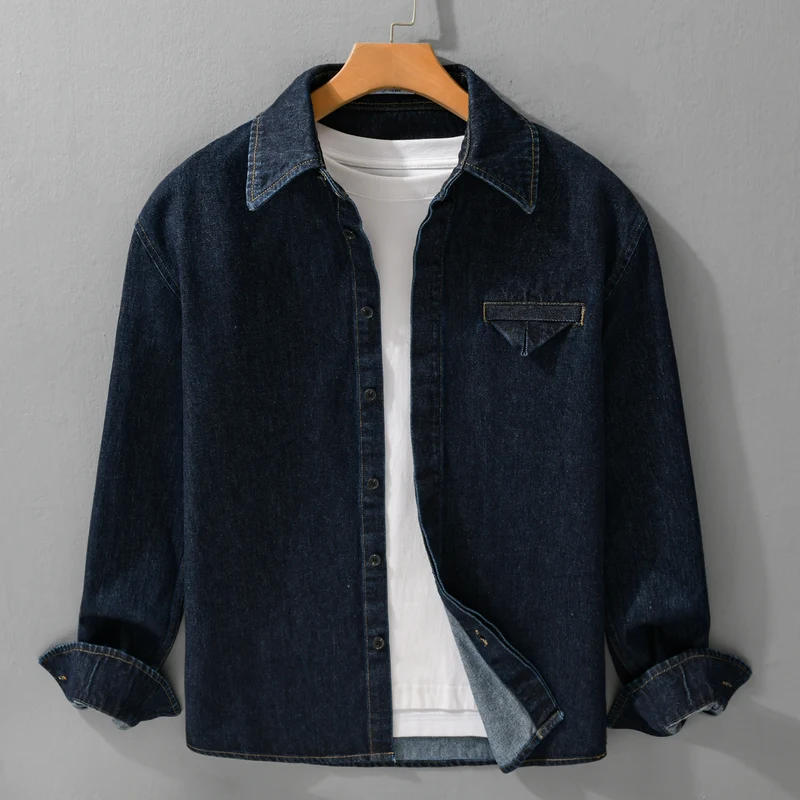 Herren Denim-Overshirt im Worker-Stil mit verdeckter Knopfleiste Drune