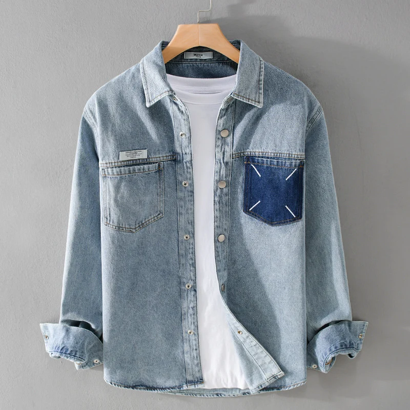 Herren Denim-Hemdjacke mit kontrastierter Brusttasche und Druckknopfverschluss Drune