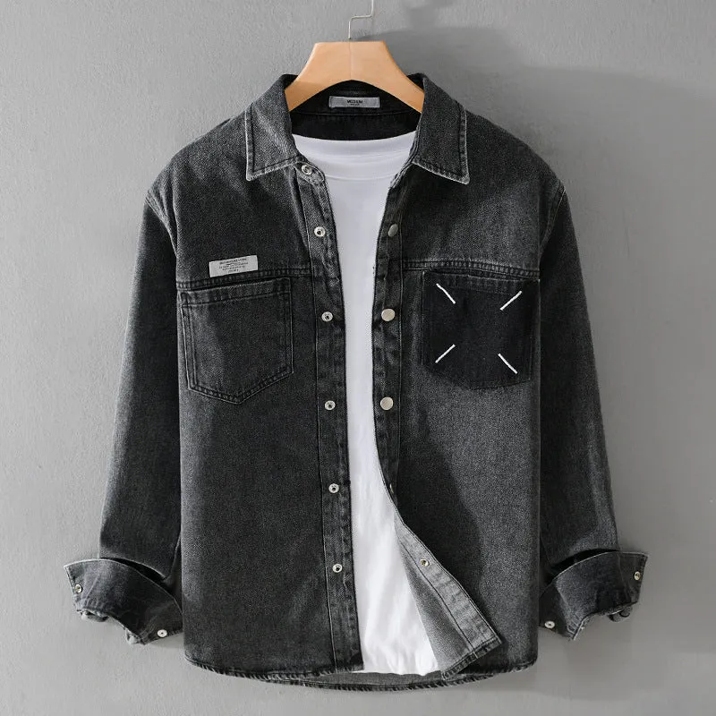 Herren Denim-Hemdjacke mit kontrastierter Brusttasche und Druckknopfverschluss Drune