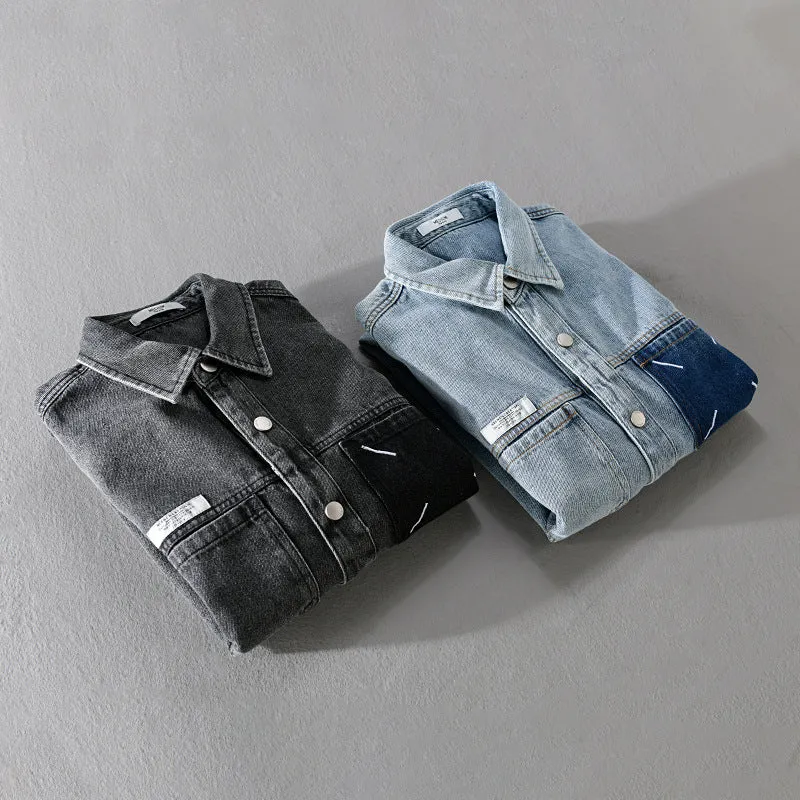 Herren Denim-Hemdjacke mit kontrastierter Brusttasche und Druckknopfverschluss Drune