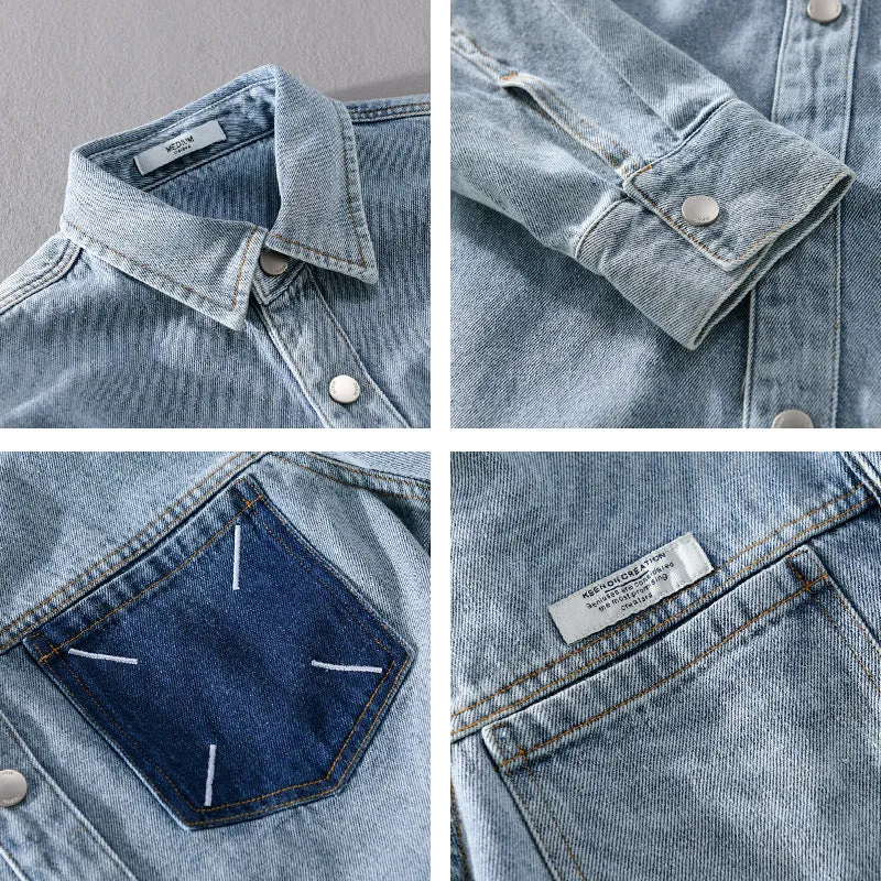 Herren Denim-Hemdjacke mit kontrastierter Brusttasche und Druckknopfverschluss Drune
