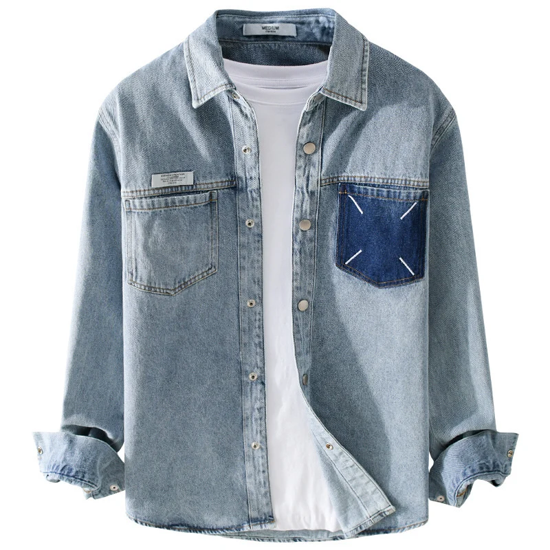 Herren Denim-Hemdjacke mit kontrastierter Brusttasche und Druckknopfverschluss Drune