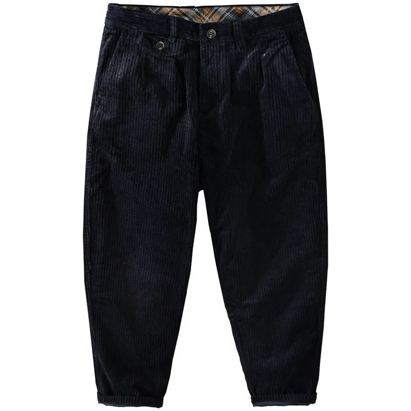 Herren Cordhose mit konischem Schnitt, hohem Bund, Karo-Innenbund und gekrempeltem Saum Drune