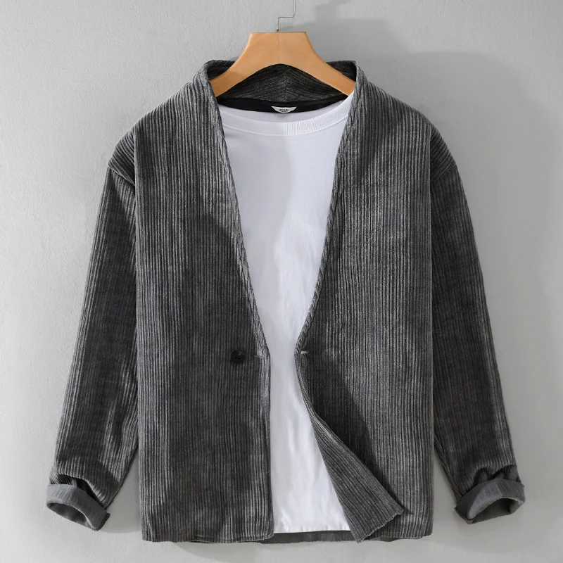 Herren Cord-Overshirt-Sakko mit V-Ausschnitt und Ein-Knopfverschluss Drune