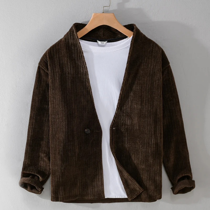 Herren Cord-Overshirt-Sakko mit V-Ausschnitt und Ein-Knopfverschluss Drune