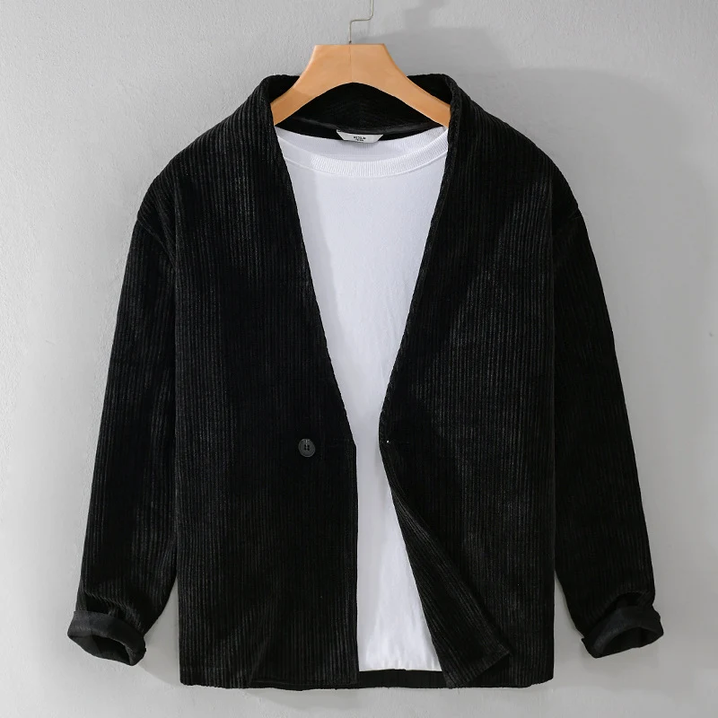 Herren Cord-Overshirt-Sakko mit V-Ausschnitt und Ein-Knopfverschluss Drune