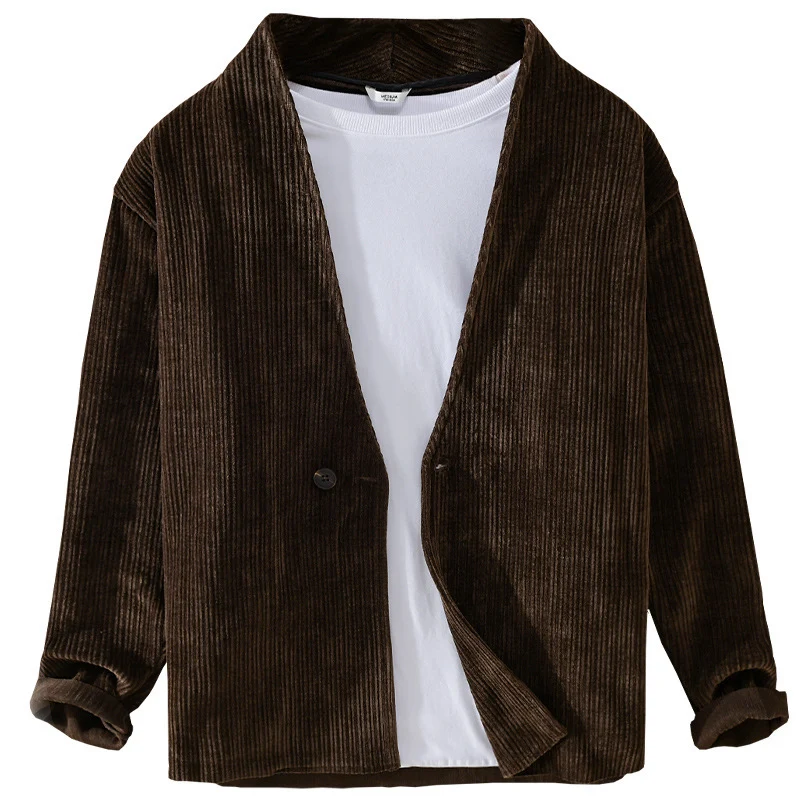 Herren Cord-Overshirt-Sakko mit V-Ausschnitt und Ein-Knopfverschluss Drune