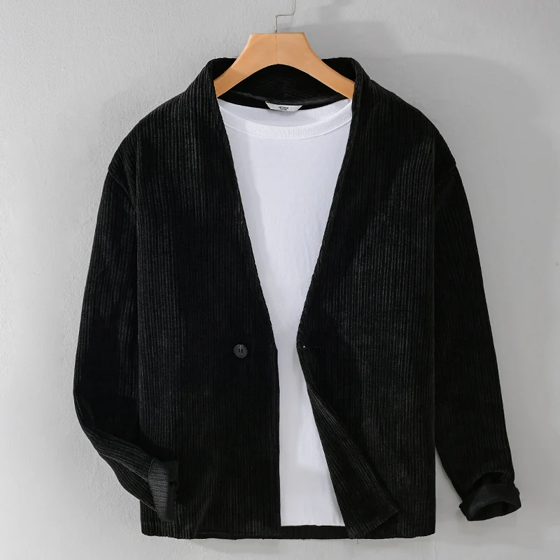 Herren Cord-Overshirt-Sakko mit V-Ausschnitt und Ein-Knopfverschluss Drune