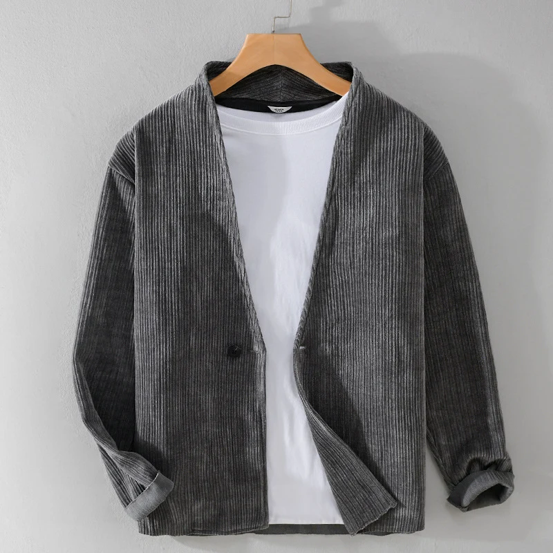 Herren Cord-Overshirt-Sakko mit V-Ausschnitt und Ein-Knopfverschluss Drune
