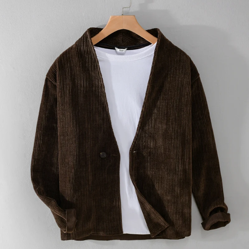 Herren Cord-Overshirt-Sakko mit V-Ausschnitt und Ein-Knopfverschluss Drune