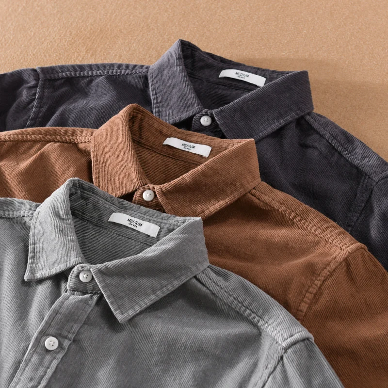Herren Cord-Hemdjacke im Worker-Stil mit aufgesetzten Doppeltaschen und weichem Used-Finish Drune