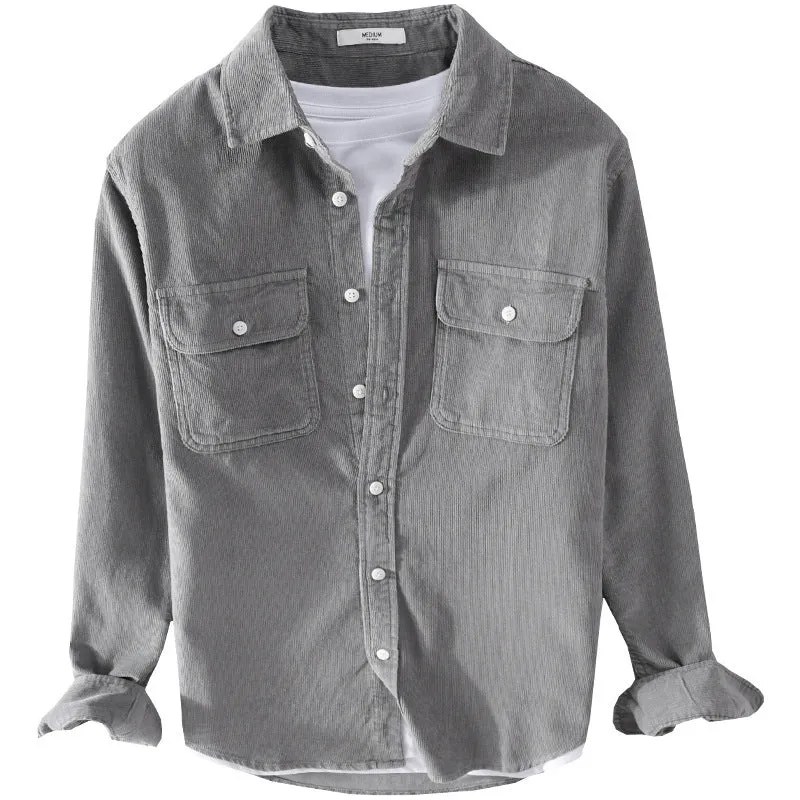 Herren Cord-Hemdjacke im Worker-Stil mit aufgesetzten Doppeltaschen und weichem Used-Finish Drune