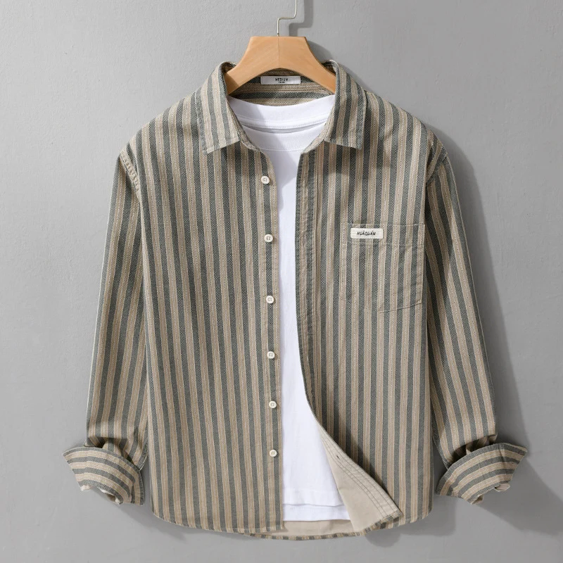 Herren Casual-Streifenhemd im Overshirt‑Stil mit Kentkragen Drune