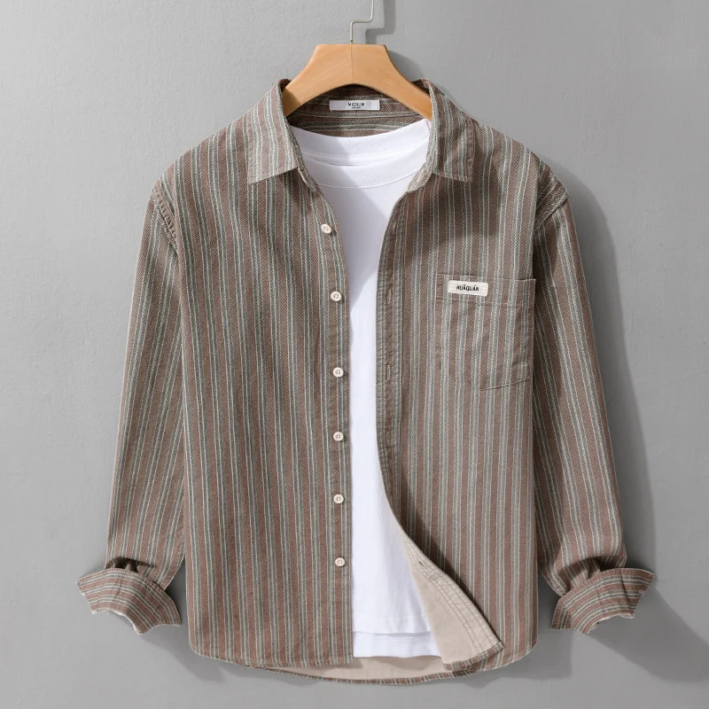 Herren Casual-Streifenhemd im Overshirt‑Stil mit Kentkragen Drune