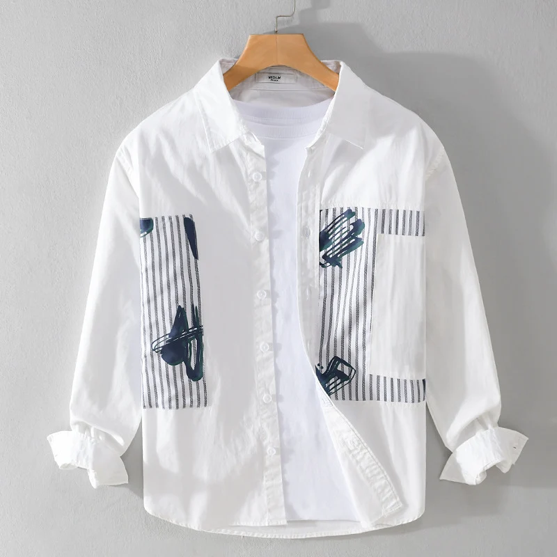 Herren Casual-Overshirt aus Baumwollpopeline mit gestreiften Patch-Einsätzen und Pinselprint Drune