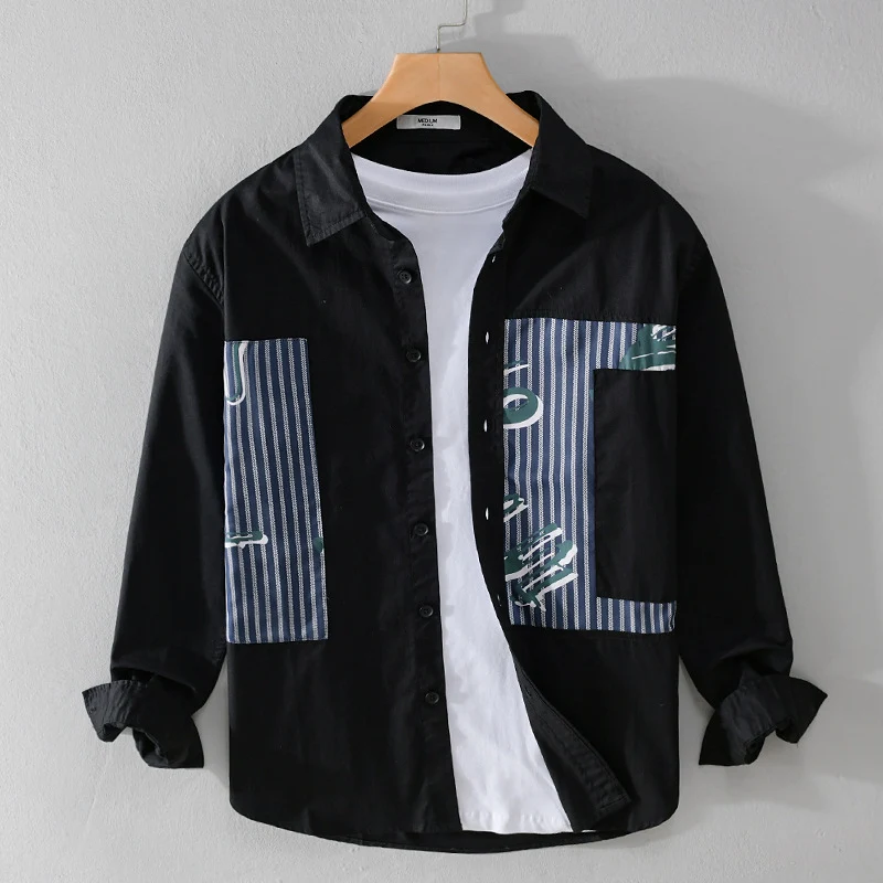 Herren Casual-Overshirt aus Baumwollpopeline mit gestreiften Patch-Einsätzen und Pinselprint Drune