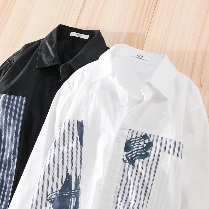 Herren Casual-Overshirt aus Baumwollpopeline mit gestreiften Patch-Einsätzen und Pinselprint Drune