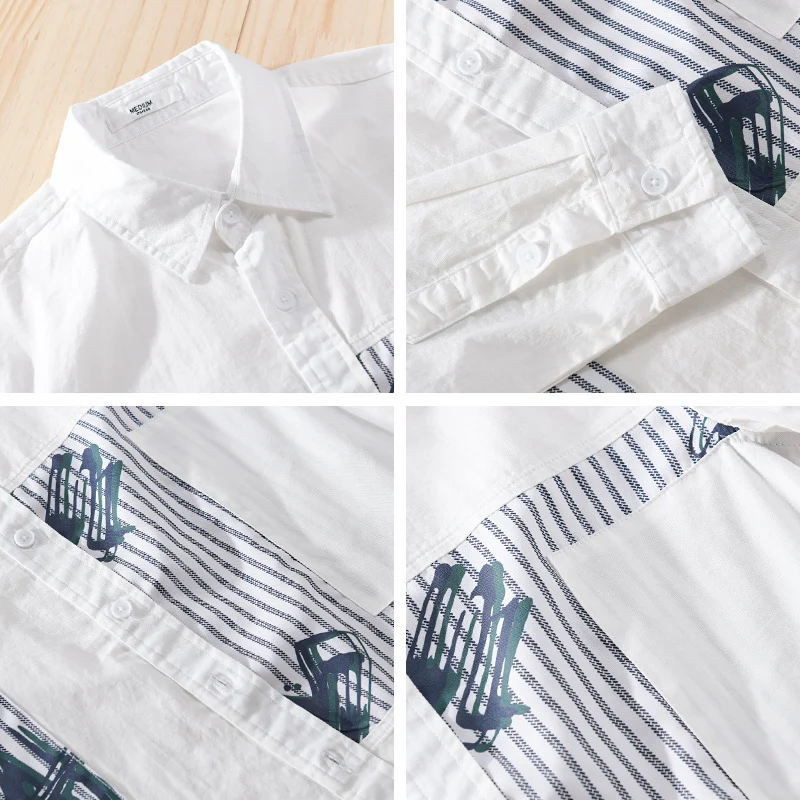 Herren Casual-Overshirt aus Baumwollpopeline mit gestreiften Patch-Einsätzen und Pinselprint Drune