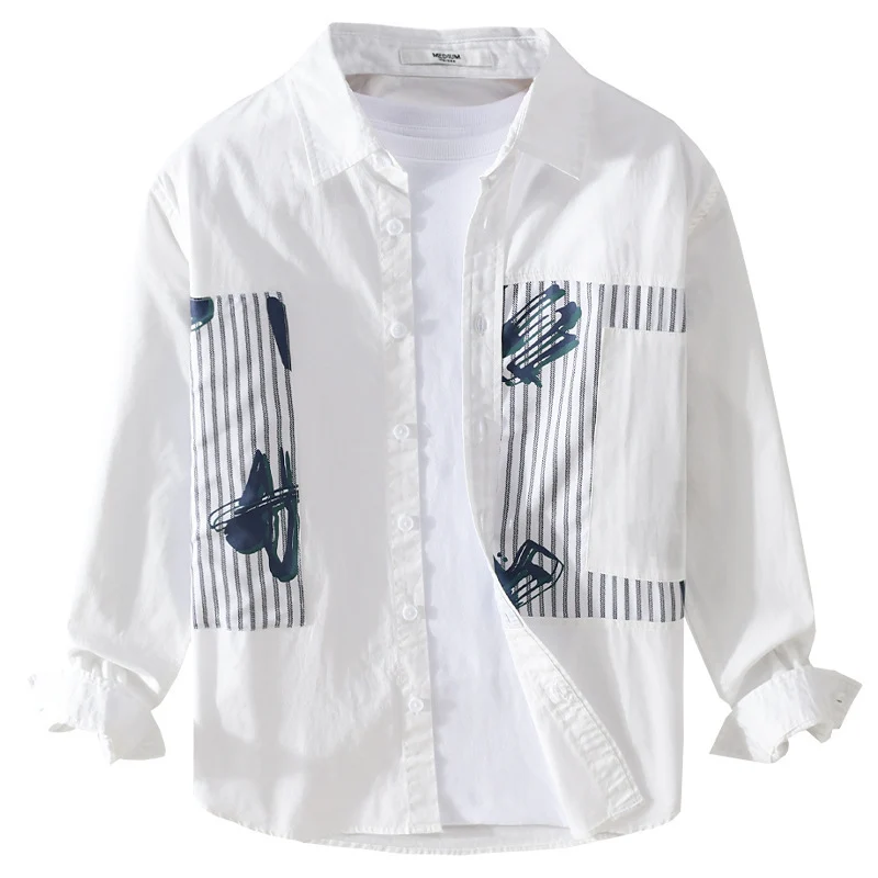 Herren Casual-Overshirt aus Baumwollpopeline mit gestreiften Patch-Einsätzen und Pinselprint Drune