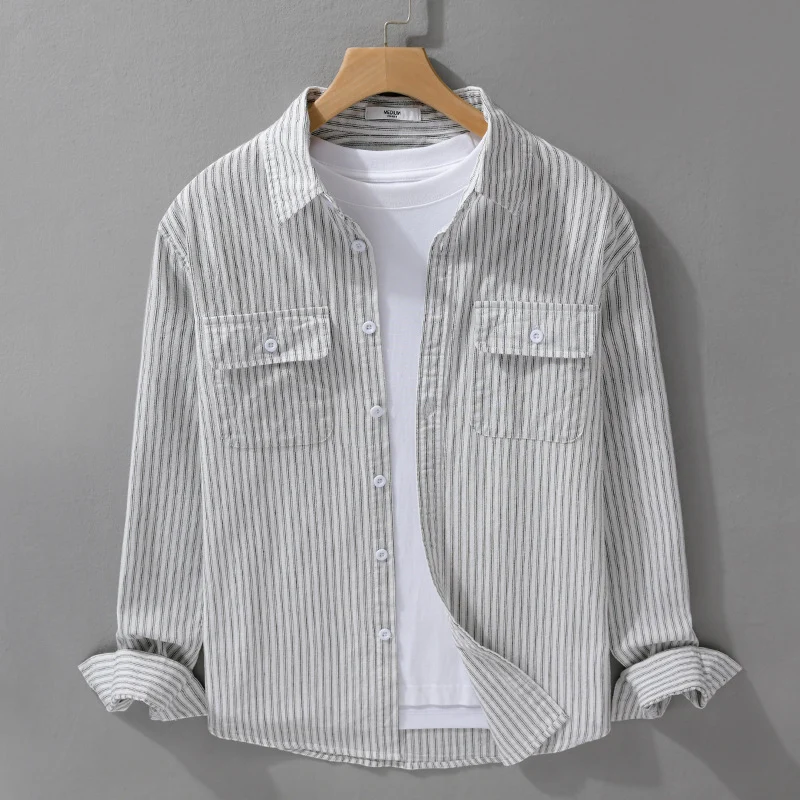Herren Casual-Layering Hemdjacke im Streifenrelief aus leichtem Baumwolltwill mit zwei Klappbrusttaschen Drune