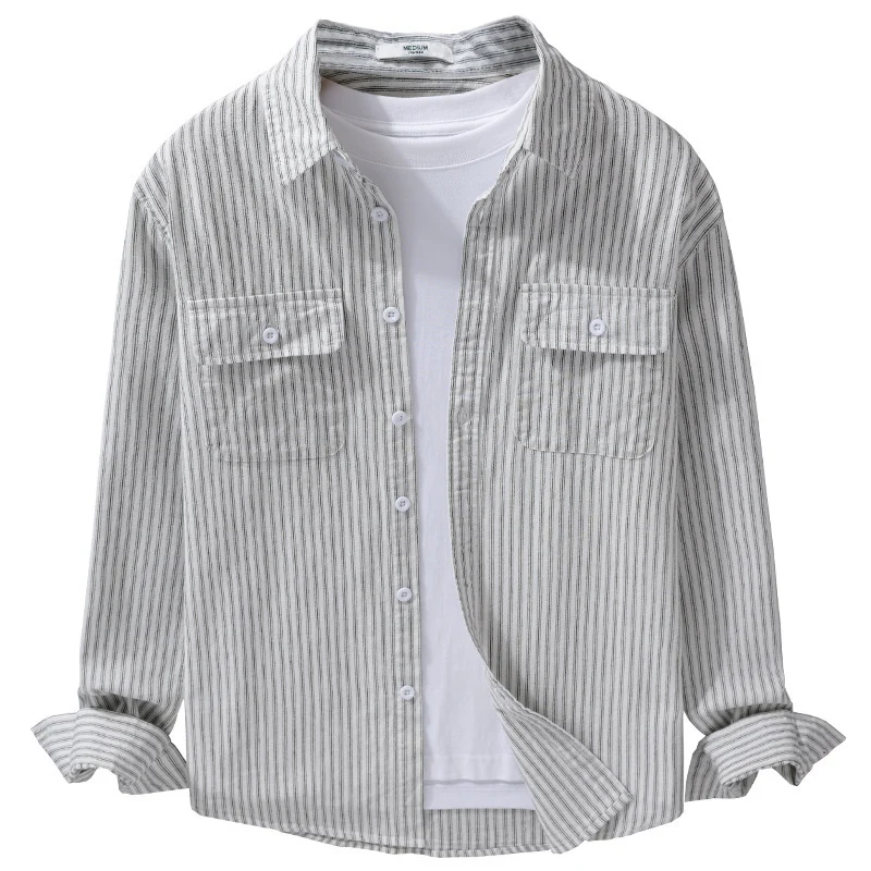 Herren Casual-Layering Hemdjacke im Streifenrelief aus leichtem Baumwolltwill mit zwei Klappbrusttaschen Drune