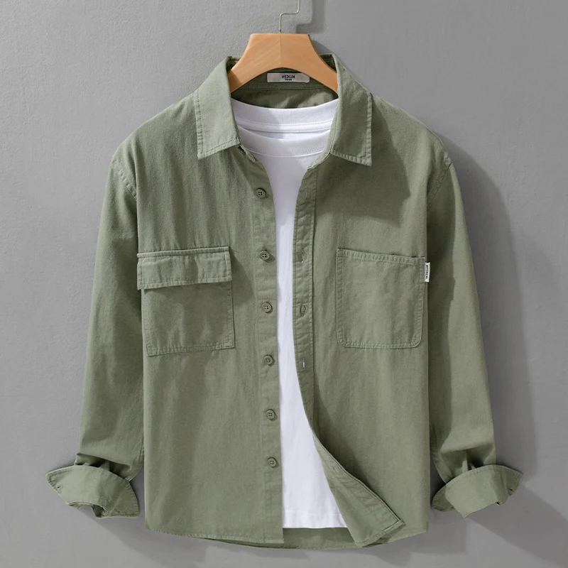 Herren Casual-Hemdjacke aus schwerem Baumwoll-Twill mit asymmetrischen Brusttaschen und kastigem Schnitt Drune
