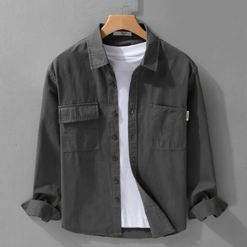 Herren Casual-Hemdjacke aus schwerem Baumwoll-Twill mit asymmetrischen Brusttaschen und kastigem Schnitt Drune