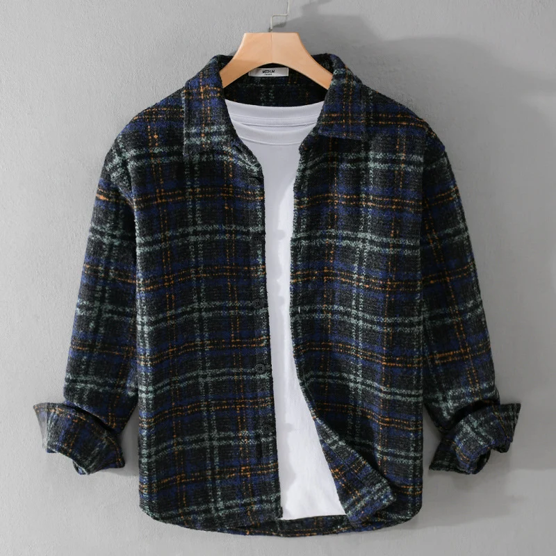 Herren Bouclé-Overshirt im Hemdjackenstil mit Kentkragen und Karomuster Drune