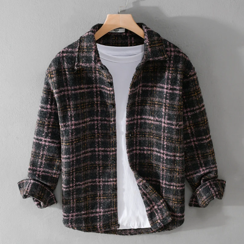 Herren Bouclé-Overshirt im Hemdjackenstil mit Kentkragen und Karomuster Drune