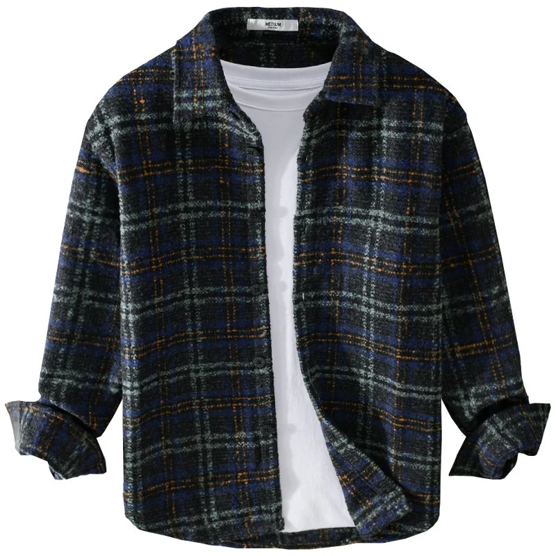 Herren Bouclé-Overshirt im Hemdjackenstil mit Kentkragen und Karomuster Drune