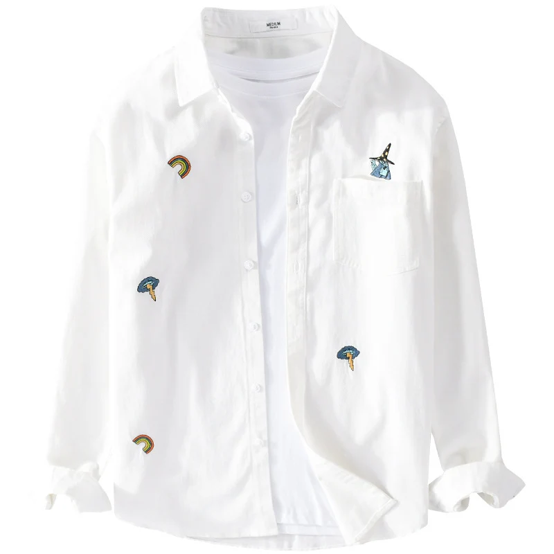 Herren Besticktes Leichtes Baumwoll-Overshirt mit Brusttasche und dezenten Patch-Stickereien Drune