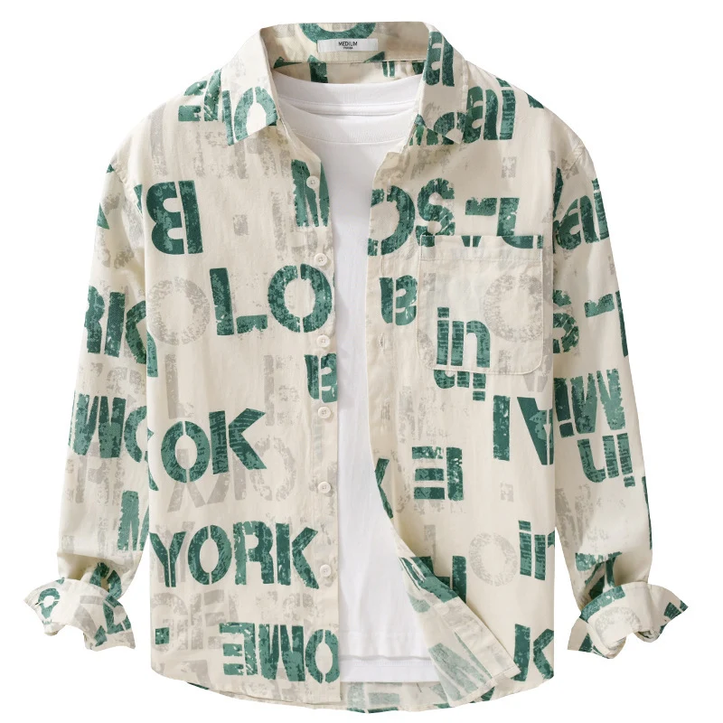 Herren Bedrucktes Leichtes Langarm-Hemd im Relaxed-Fit mit Typo-Print und Brusttasche Drune