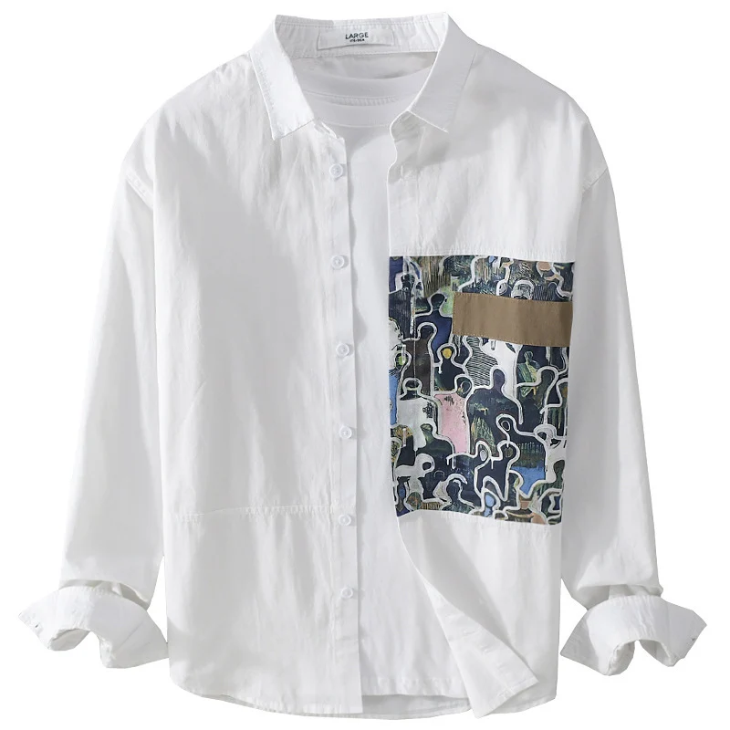 Herren Baumwollhemd mit großem Kunst-Print-Brustpatch und Kentkragen Drune