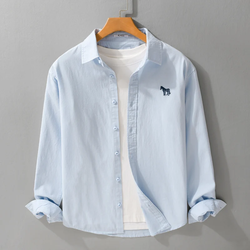 Herren Baumwoll-Oxford Hemdjacke im Layering‑Stil mit dezenter Zebrastickerei und Kentkragen Drune