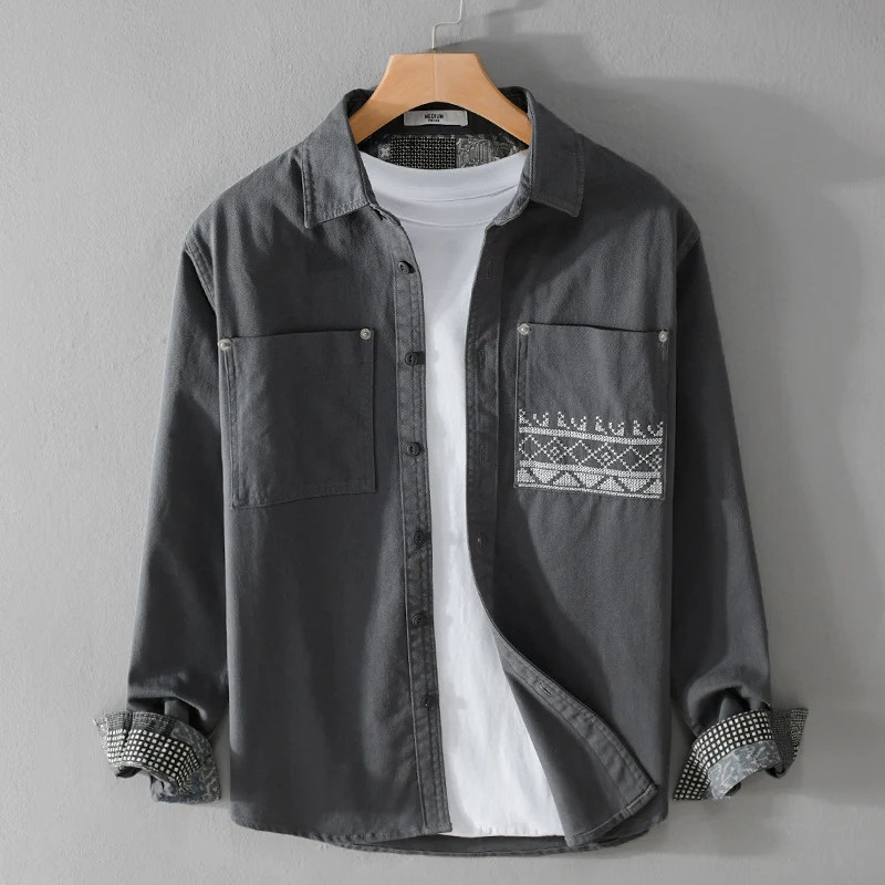Herren Baumwoll-Overshirt mit Kontrastfutter, Brusttaschen und feiner Stickerei Drune