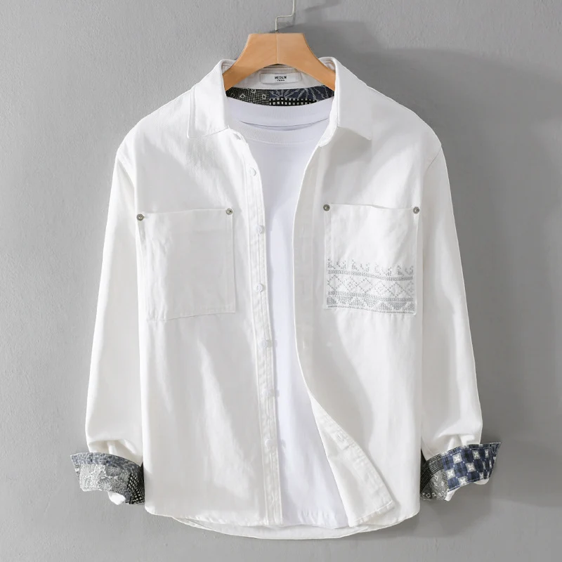 Herren Baumwoll-Overshirt mit Kontrastfutter, Brusttaschen und feiner Stickerei Drune