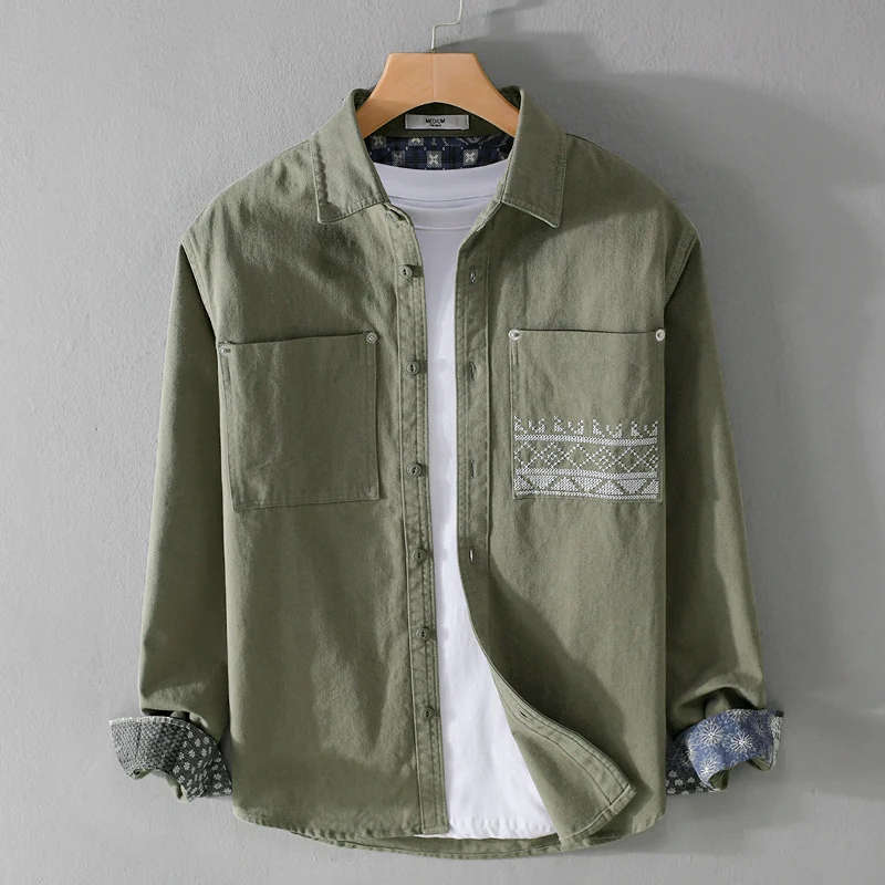 Herren Baumwoll-Overshirt mit Kontrastfutter, Brusttaschen und feiner Stickerei Drune