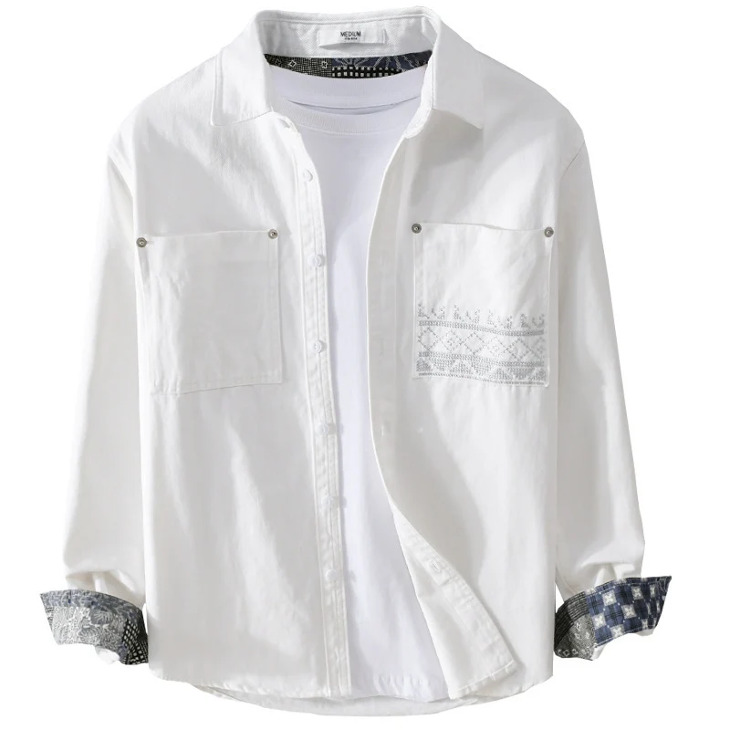 Herren Baumwoll-Overshirt mit Kontrastfutter, Brusttaschen und feiner Stickerei Drune
