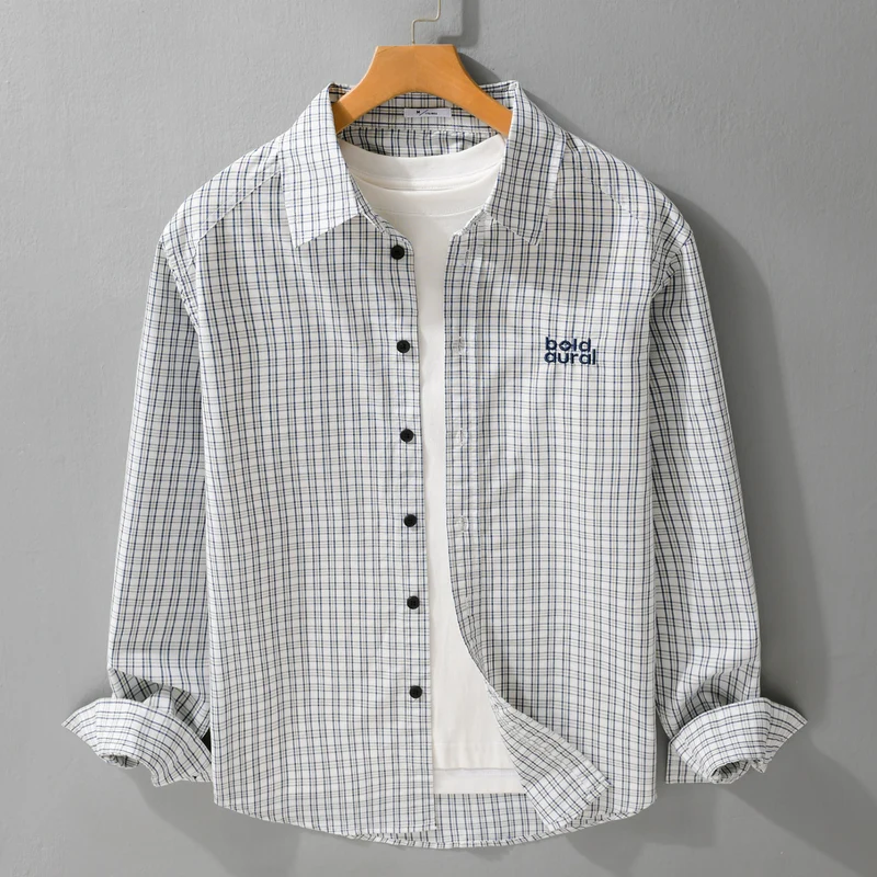 Herren Baumwoll-Overshirt mit feinem Gitterkaro und Kentkragen Drune