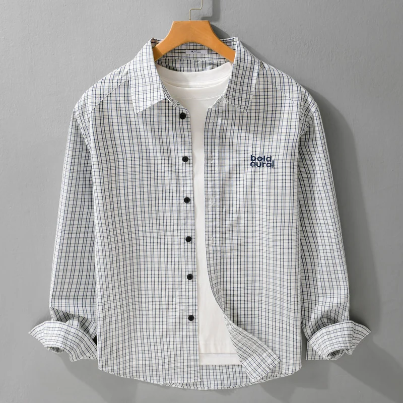 Herren Baumwoll-Overshirt mit feinem Gitterkaro und Kentkragen Drune