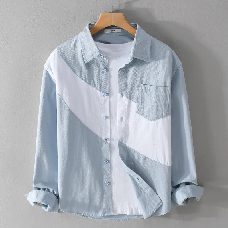 Herren Baumwoll-Overshirt mit diagonalem Colorblock, Kentkragen und Brusttasche Drune