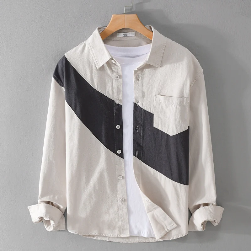 Herren Baumwoll-Overshirt mit diagonalem Colorblock, Kentkragen und Brusttasche Drune