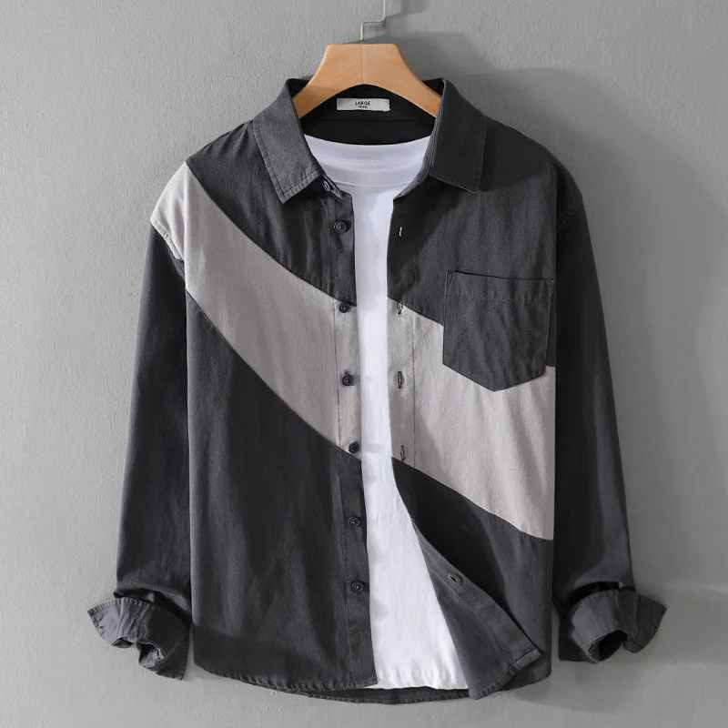 Herren Baumwoll-Overshirt mit diagonalem Colorblock, Kentkragen und Brusttasche Drune