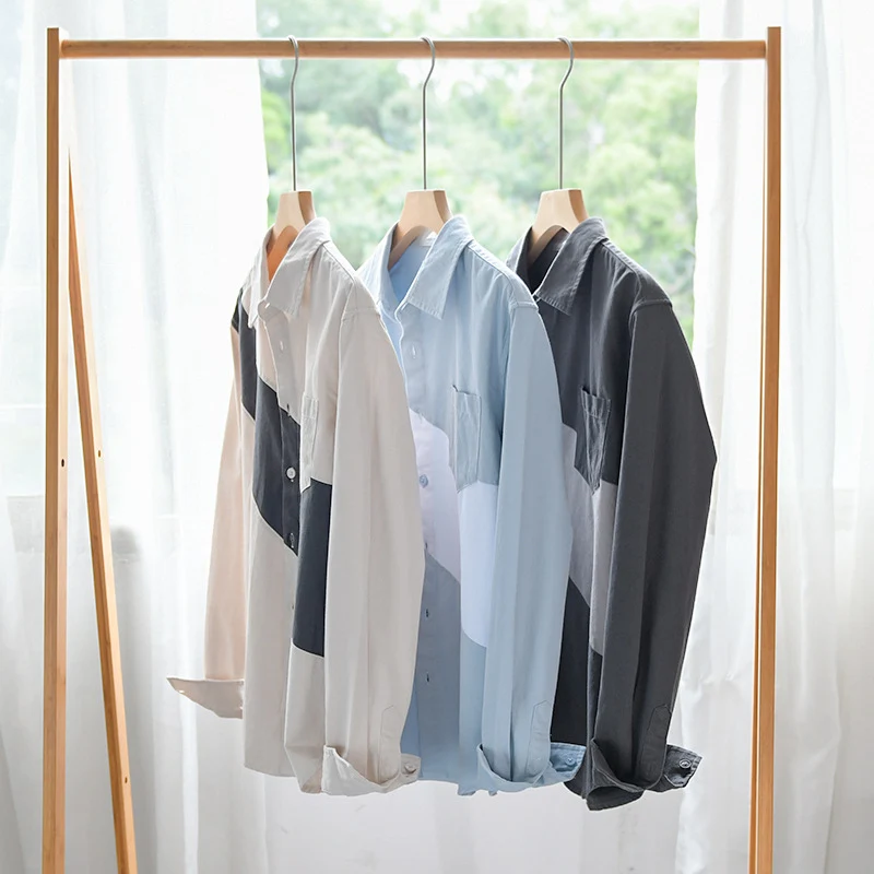 Herren Baumwoll-Overshirt mit diagonalem Colorblock, Kentkragen und Brusttasche Drune