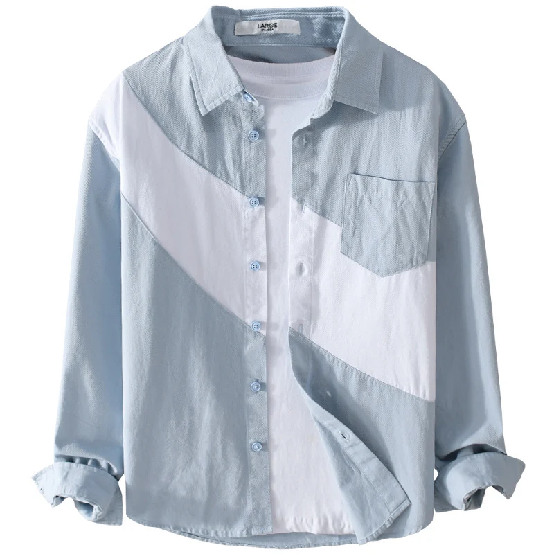 Herren Baumwoll-Overshirt mit diagonalem Colorblock, Kentkragen und Brusttasche Drune
