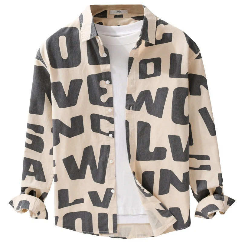 Herren Baumwoll-Overshirt mit Allover-Lettering-Print, Relaxed-Fit und Kentkragen Drune